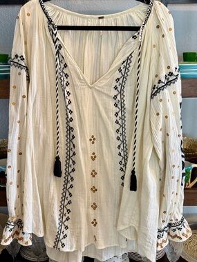 Free People Cream Tunic with Black Embroidery and Gold Dot Accents